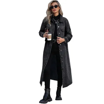 Women Fashion Casual Lapel Long-Sleeve Denim Dress