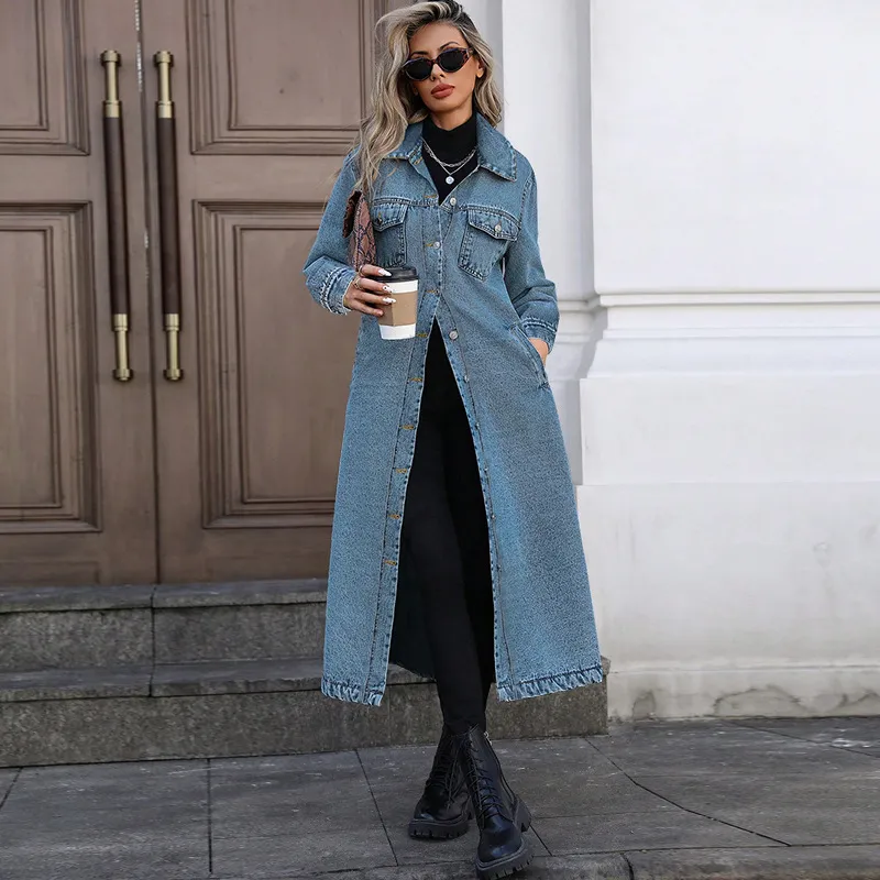 Women Fashion Casual Lapel Long-Sleeve Denim Dress