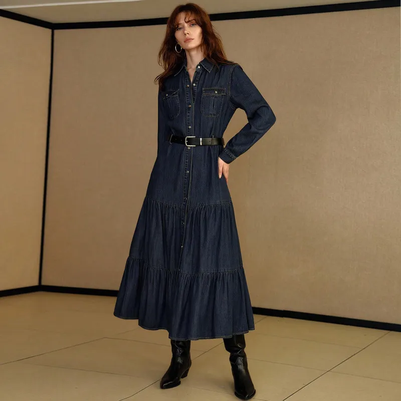 Women Fashion Casual Lapel Long Sleeve Buckle Waist Denim Dress
