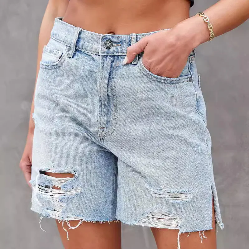 Women Fashion Casual Washed Ripped Side Slit Denim Shorts
