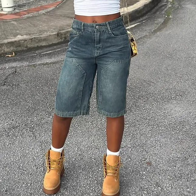 Women Fashion Casual Retro Loose Washed Straight Denim Shorts