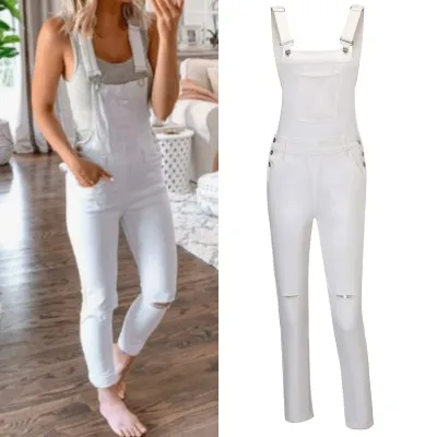 Women Fashion Casual Solid Color Ripped Denim Overalls