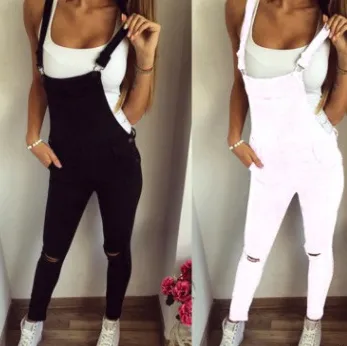 Women Fashion Casual Solid Color Ripped Tight Denim Overalls
