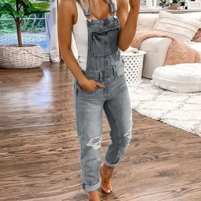 Women Fashion Casual Ripped Washed Slim-Fit Denim Overalls