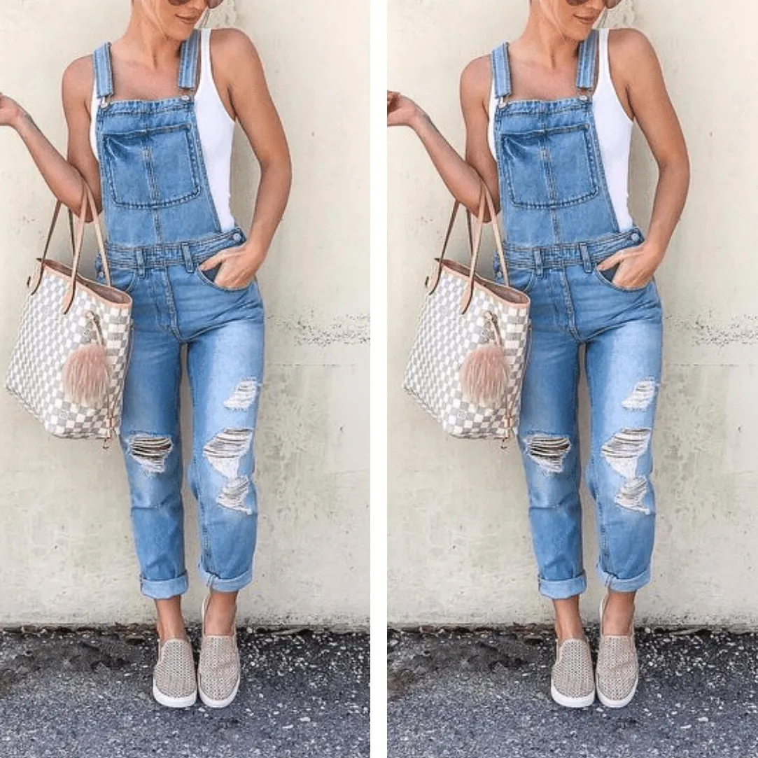 Women Fashion Casual Ripped Denim Overalls