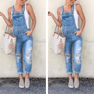 Women Fashion Casual Ripped Denim Overalls