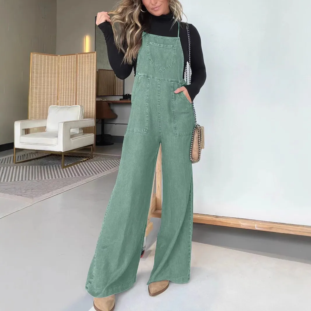 Women Fashion Casual Solid Color Wide Leg Denim Overalls