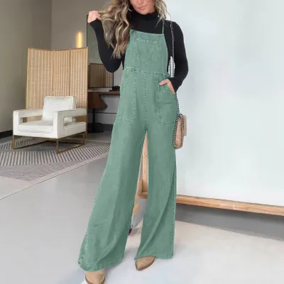 Women Fashion Casual Solid Color Wide Leg Denim Overalls