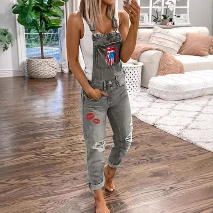 Women's Casual Flag Printed Ripped Denim Overalls for Independence Day