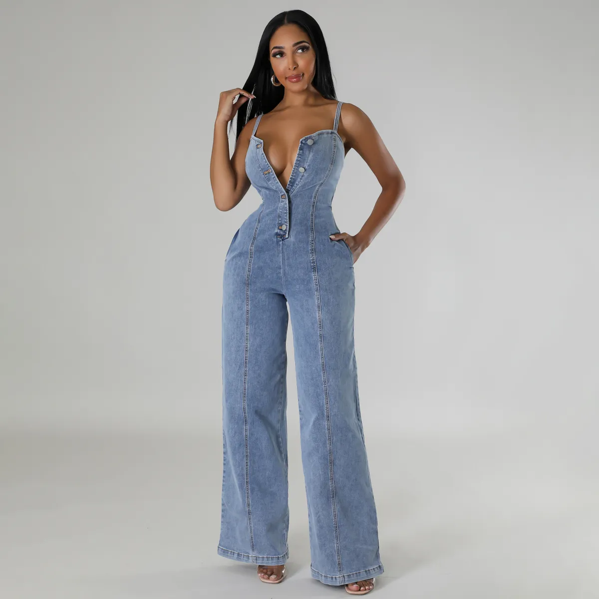 Women Fashion Sexy Spaghetti Strap Denim Jumpsuits