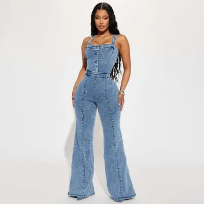 Women Fashion Casual Sexy Strap Denim Jumpsuits