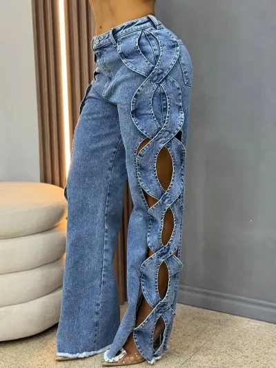 Women Fashion Sexy Side Hollow S-Line Patchwork Wide Leg Jeans