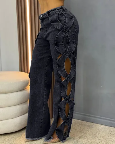 Women Fashion Sexy Side Hollow S-Line Patchwork Wide Leg Jeans