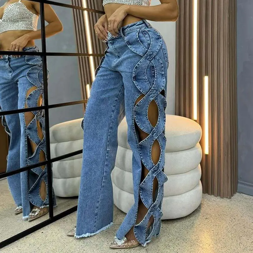 Women Fashion Sexy Side Hollow S-Line Patchwork Wide Leg Jeans
