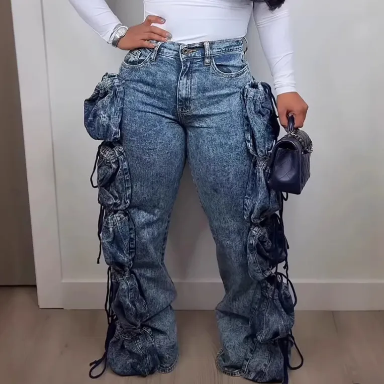 Women Fashion Casual Multi- Pockets Cargo Jeans