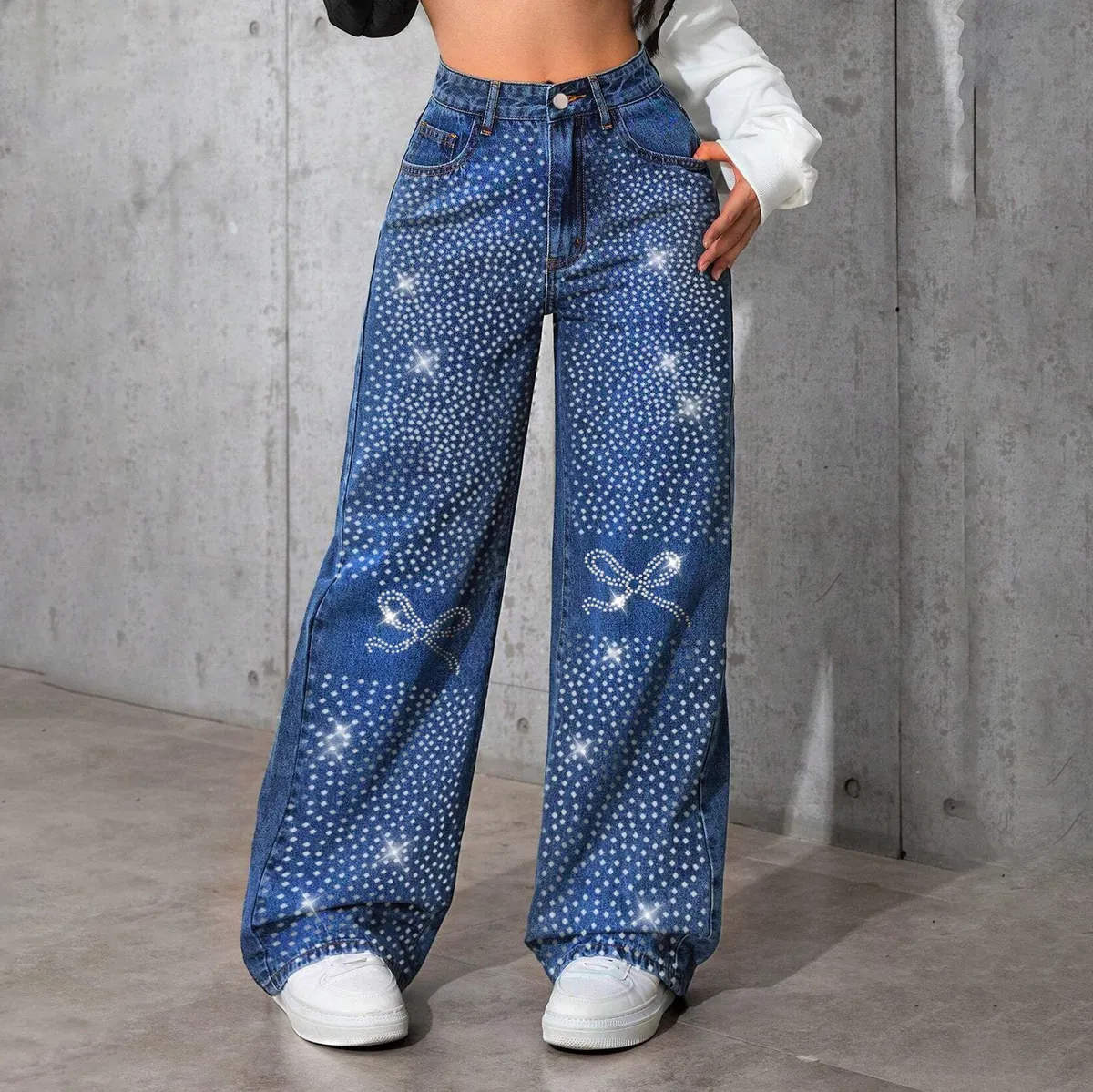 Women Fashion Casual Rhinestone Decorative Wide Leg Jeans