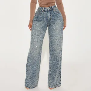 Women Fashion Casual Washed Crooked Straight Jeans