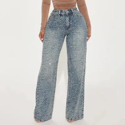 Women Fashion Casual Washed Crooked Straight Jeans