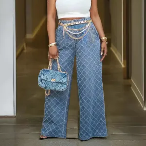 Women Fashion Casual Rhomboid Jacquard Washed High Waist Straight Wide Leg Jeans