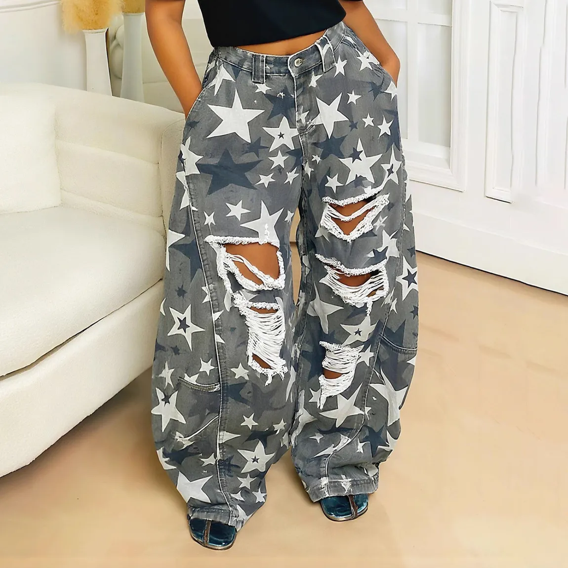 Women Fashion Casual Washed Camouflage Star Printed Ripped Wide Leg Jeans