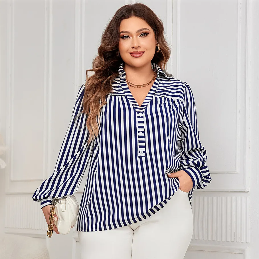 Women Fashion Casual Plus Size Blue White Stripe Polo Collar Loose Blouse