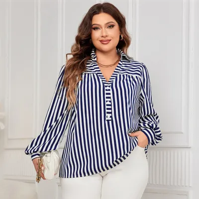 Women Fashion Casual Plus Size Blue White Stripe Polo Collar Loose Blouse