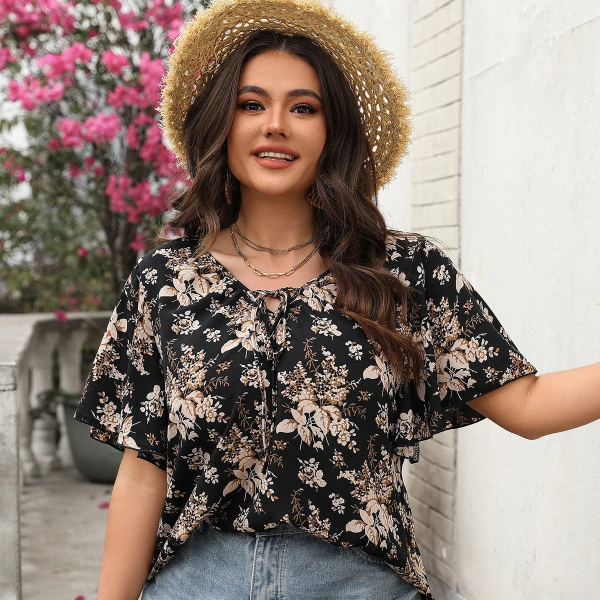 Women Fashion Casual Plus Size Printed Short-Sleeve Loose Blouse