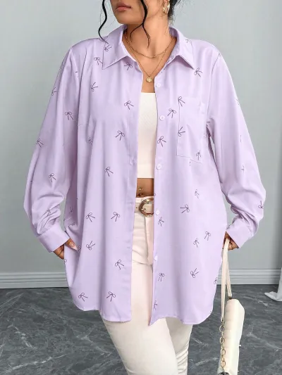 Women Fashion Casual Bowknot Print Lapel Long Sleeve Loose Blouse
