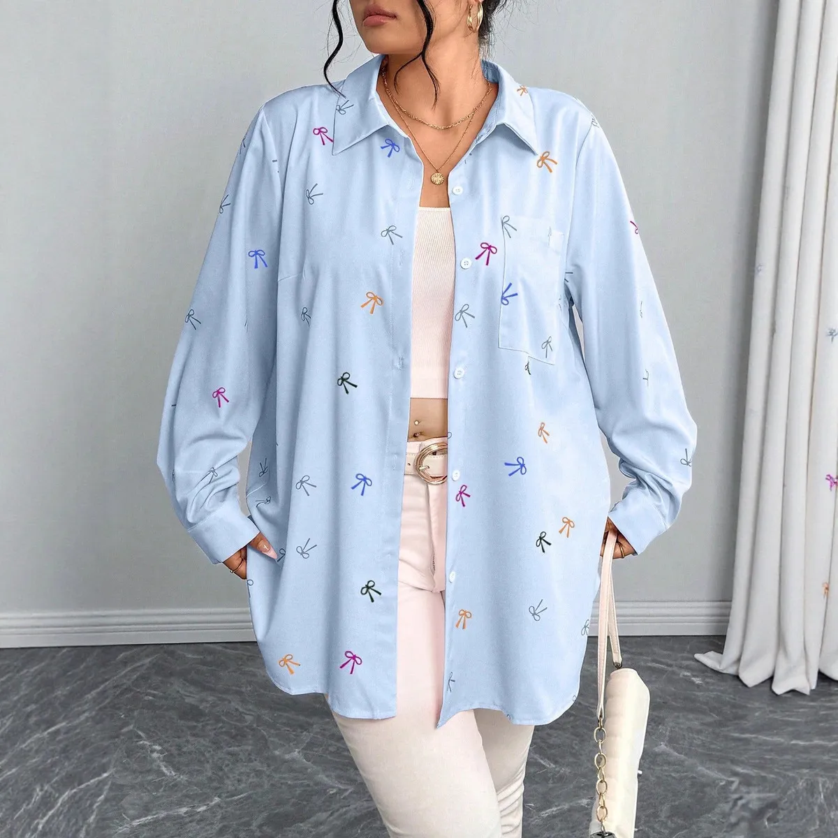 Women Fashion Casual Bowknot Print Lapel Long Sleeve Loose Blouse