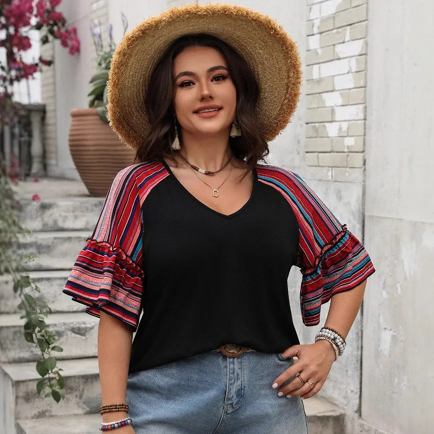 Women Fashion Casual Printed V-Neck Stitching Short Sleeve Loose T-Shirt