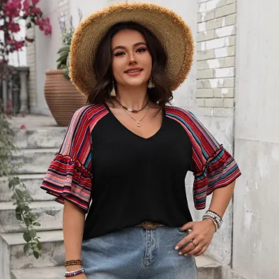 Women Fashion Casual Printed V-Neck Stitching Short Sleeve Loose T-Shirt