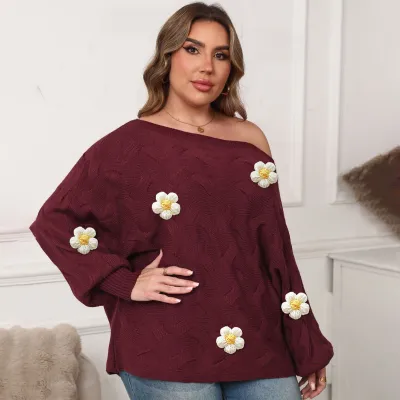 Women Fashion Sexy Plus Size Flower Decoration One-Shoulder Batwing Sleeve Loose Sweater