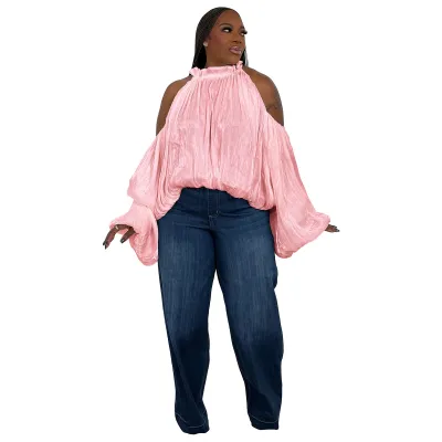 Women Fashion Sexy Solid Color Organza Plus Size Lace-Up Loose Shoulder Design Lantern Sleeve Blouse