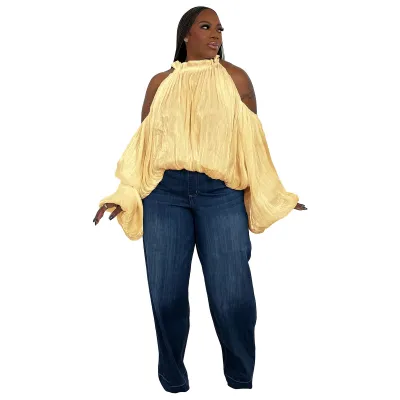 Women Fashion Sexy Solid Color Organza Plus Size Lace-Up Loose Shoulder Design Lantern Sleeve Blouse
