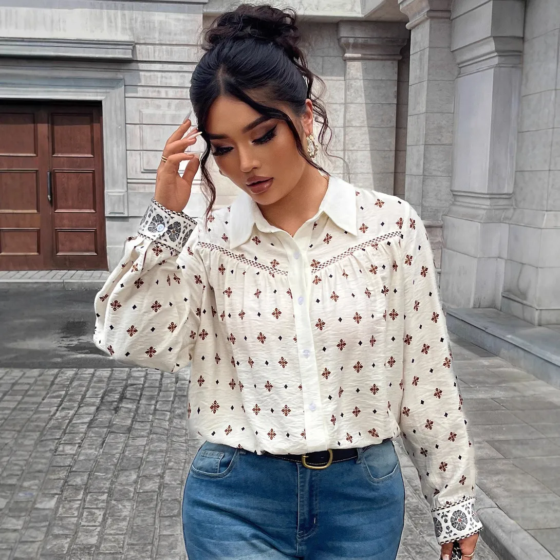 Women Fashion Casual Plus Size Print Polo Collar Long-Sleeve Blouse