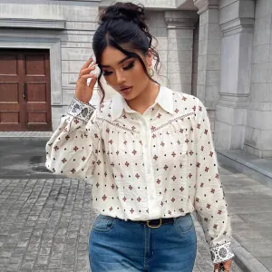 Women Fashion Casual Plus Size Print Polo Collar Long-Sleeve Blouse