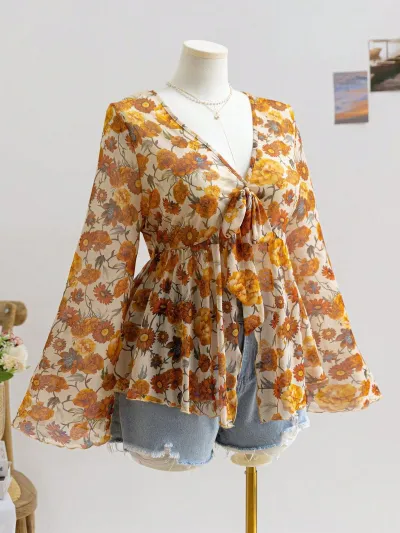Women Fashion Sexy Plus Size V-Neck Mesh Printed Horned Sleeves Loose Blouse