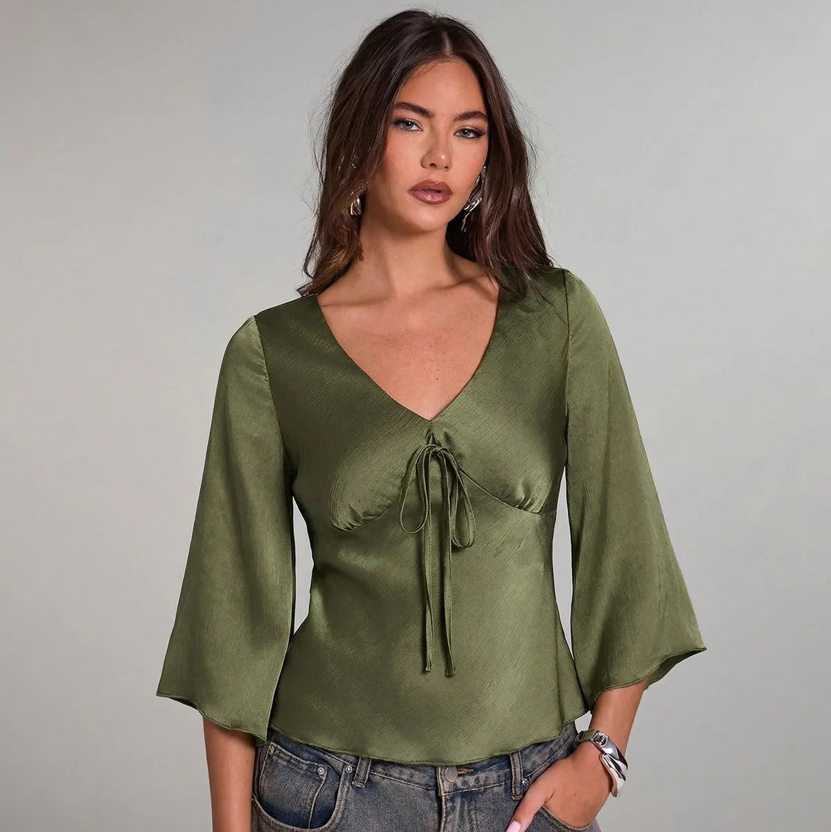 Women Fashion Casual Solid Color V-Neck Long-Sleeve Blouse