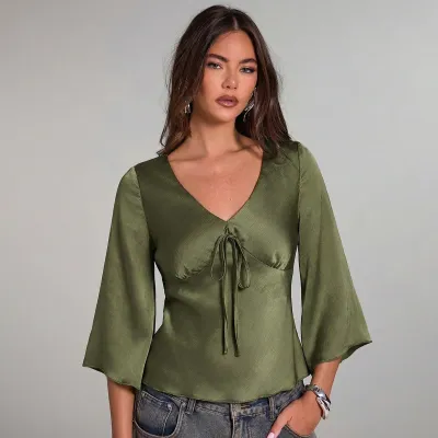 Women Fashion Casual Solid Color V-Neck Long-Sleeve Blouse