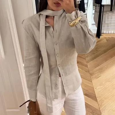 Women Fashion Casual Solid Color Cotton And Linen Long-Sleeve Blouse