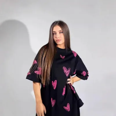 Women Fashion Casual Love Printed Cotton Short-Sleeve Loose T-Shirt