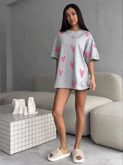 Women Fashion Casual Love Printed Cotton Short-Sleeve Loose T-Shirt