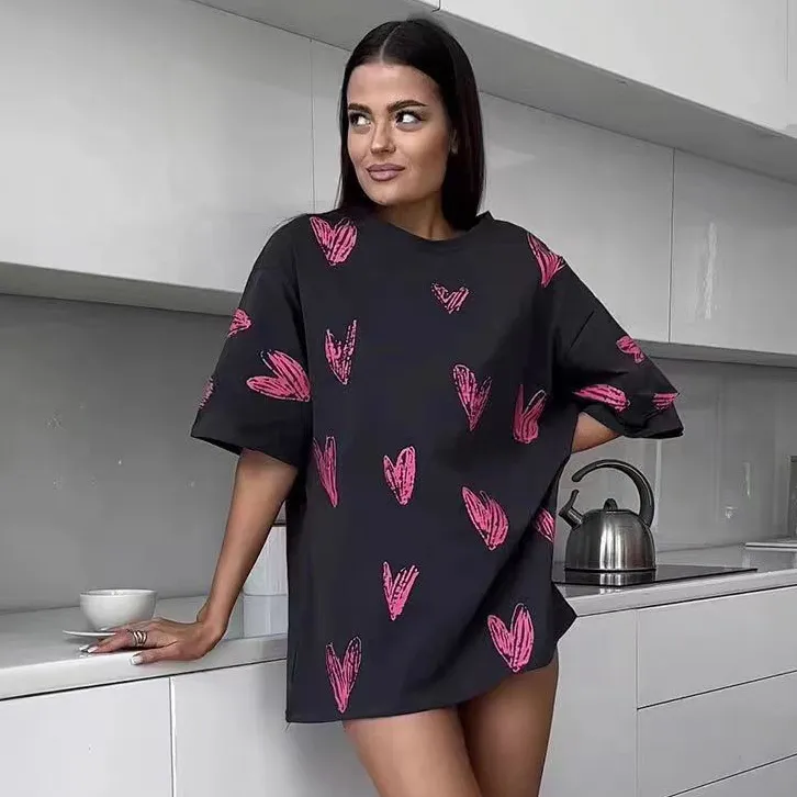 Women Fashion Casual Love Printed Cotton Short-Sleeve Loose T-Shirt
