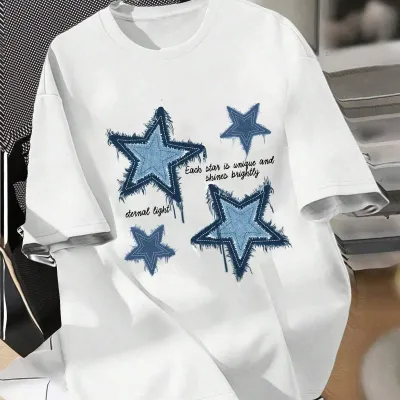 Women Fashion Casual Denim Printed Loving Heart Round Neck Short-Sleeve T-Shirt