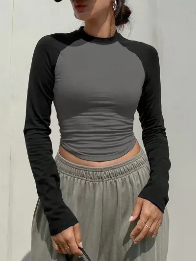 Women Fashion Casual Contrast Color Long-Sleeve Slim-Fit T-Shirt