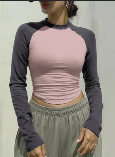 Women Fashion Casual Contrast Color Long-Sleeve Slim-Fit T-Shirt