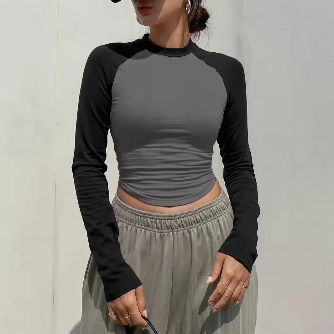 Women Fashion Casual Contrast Color Long-Sleeve Slim-Fit T-Shirt