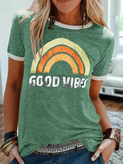 Women Fashion Casual Rainbow Pattern Printed Round Neck Short Sleeve T-Shirt