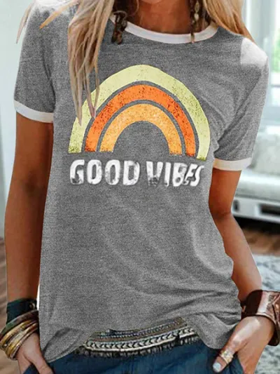 Women Fashion Casual Rainbow Pattern Printed Round Neck Short Sleeve T-Shirt