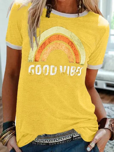 Women Fashion Casual Rainbow Pattern Printed Round Neck Short Sleeve T-Shirt